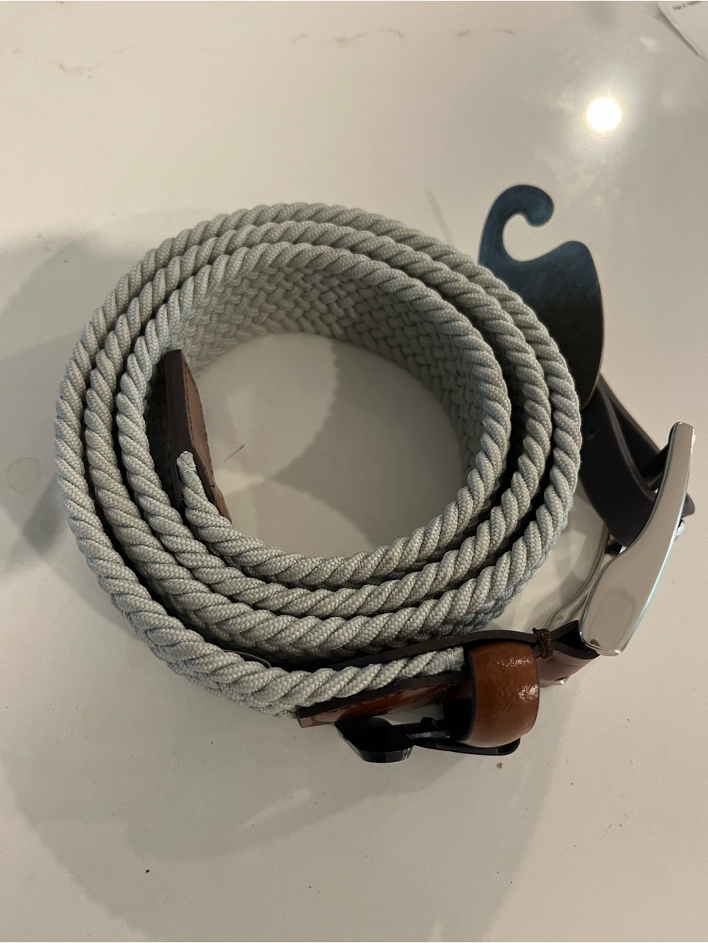 Joseph Abboud Light Gray Woven Belt with Brown Leather Accents Size 36 NWT ⛳️ - Picture 3 of 7